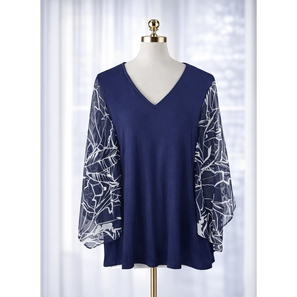BELLE by Kim Gravel Popover Top Navy Blue White Sheer Kimono Sleeves Size‎ L